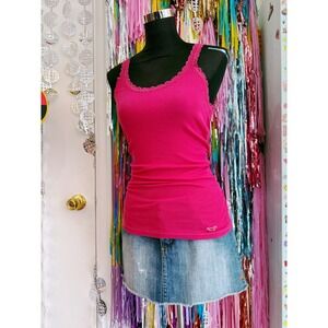 Vintage y2k Hollister Hot Pink Ribbed Lace Trim Tank Top Camisole